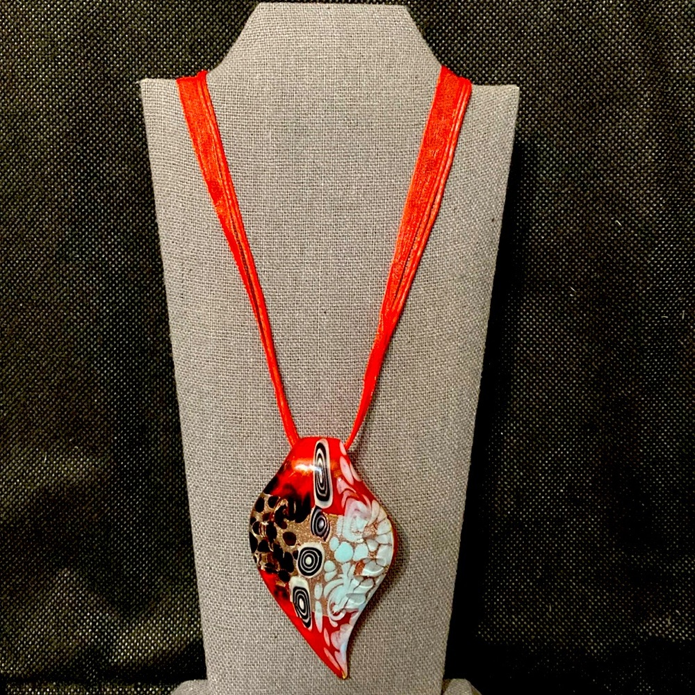 Vintage Inspired Red Leaf Glass Pendant with Red Waxed Rope & Ribbon necklace